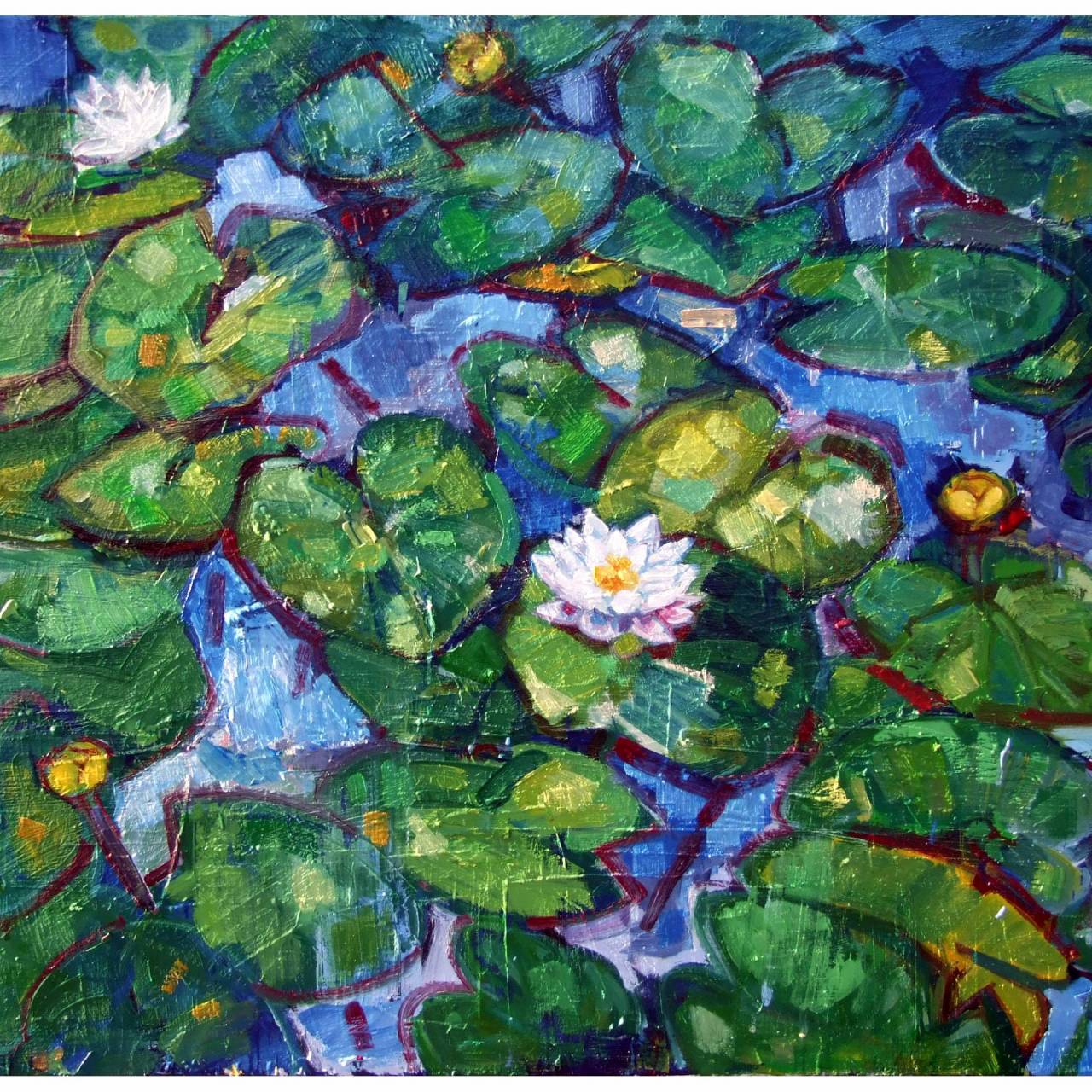 Olieverfschilderij met waterlelies van schilder Peter Kempeneers